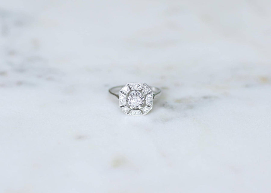 Bague Art Déco Octogonale Diamants 0,60 Ct sur Or Blanc et Platine
