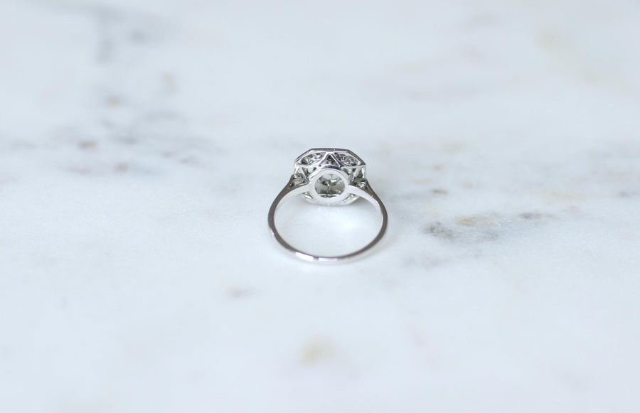 Bague Art Déco Octogonale Diamants 0,60 Ct sur Or Blanc et Platine