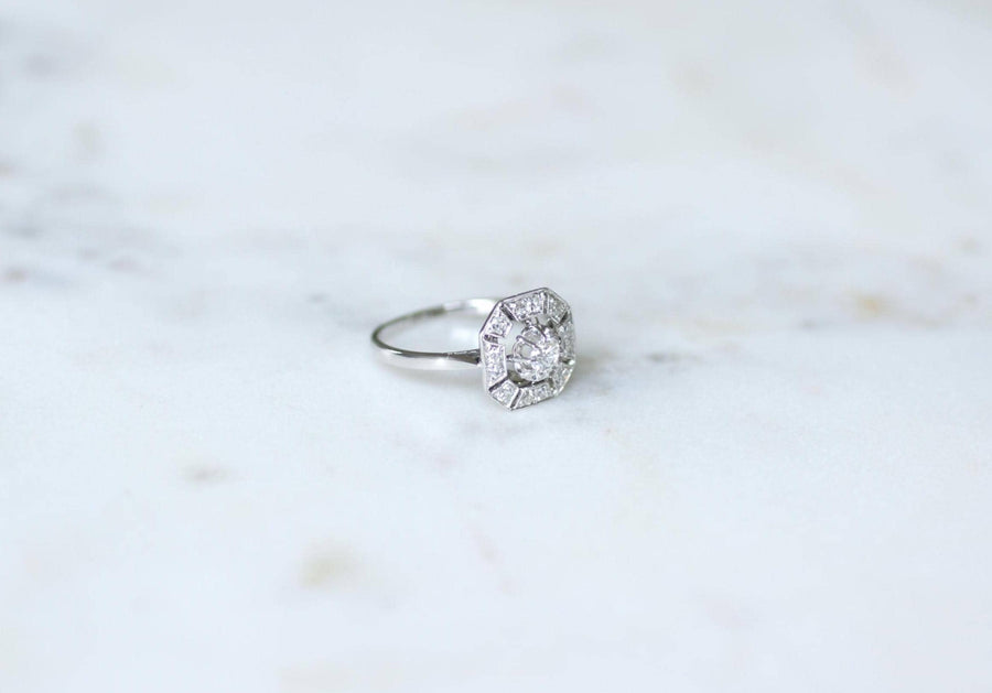 Bague Art Déco Octogonale Diamants 0,60 Ct sur Or Blanc et Platine