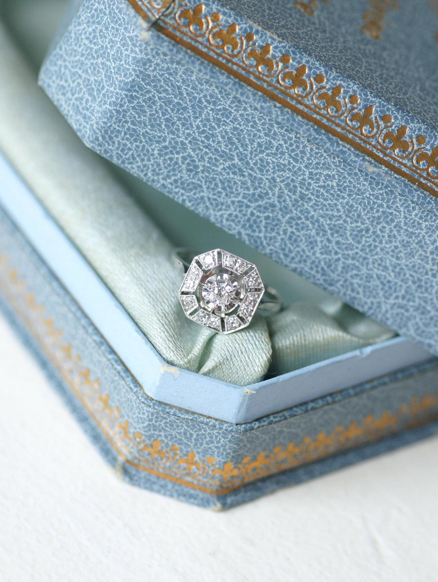Bague Art Déco Octogonale Diamants 0,60 Ct sur Or Blanc et Platine