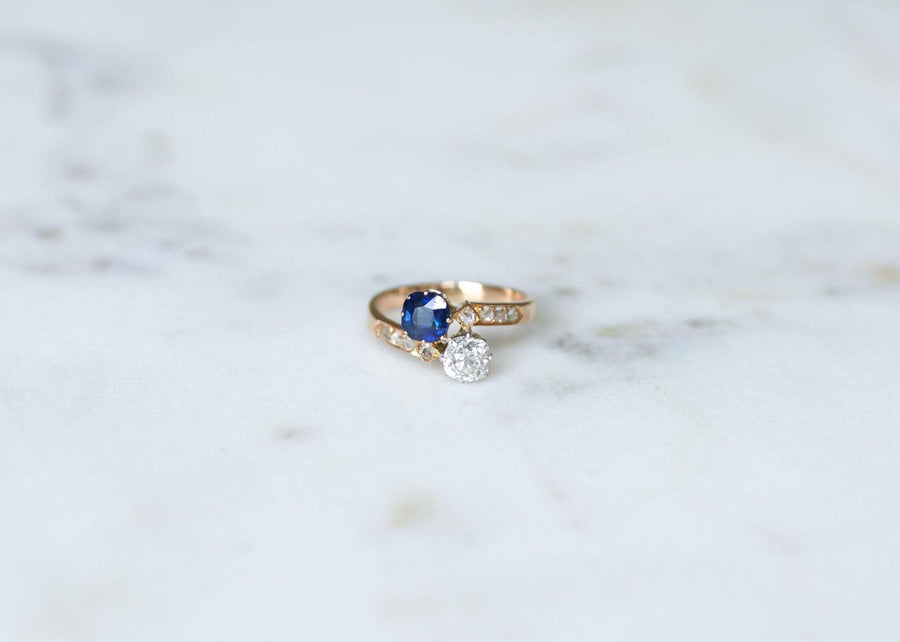 Bague Toi et Moi Saphir et Diamant sur Or Rose et Platine