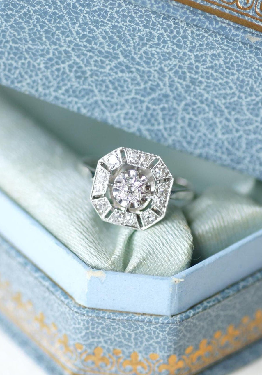Bague Art Déco Octogonale Diamants 0,60 Ct sur Or Blanc et Platine