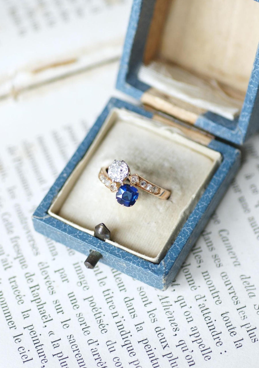 Bague Toi et Moi Saphir et Diamant sur Or Rose et Platine