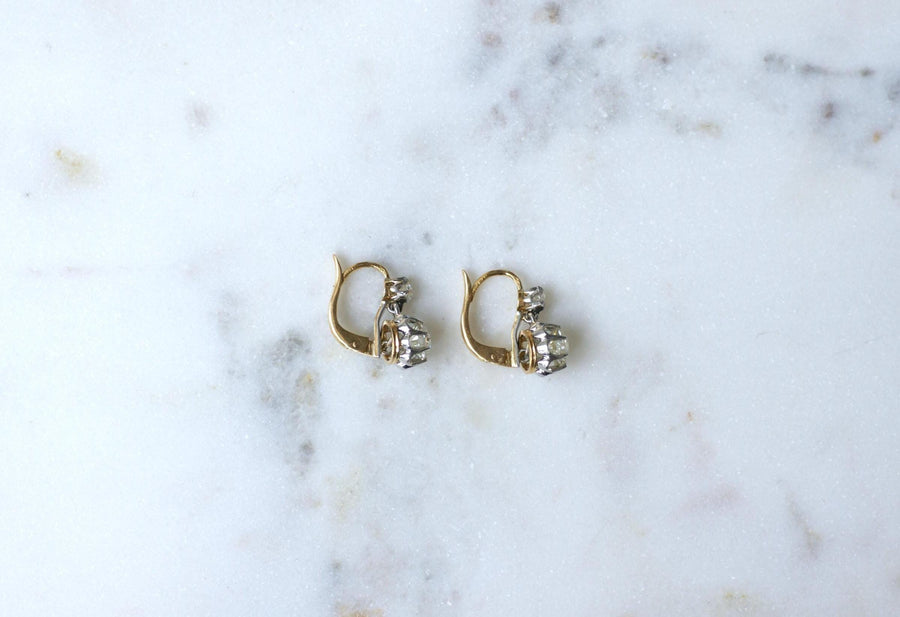 Boucles d'Oreilles Dormeuses Anciennes Diamants 2,15 Cts sur Or et Platine