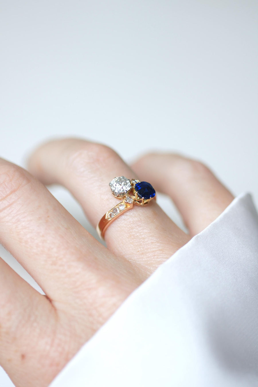 Bague Toi et Moi Saphir et Diamant sur Or Rose et Platine