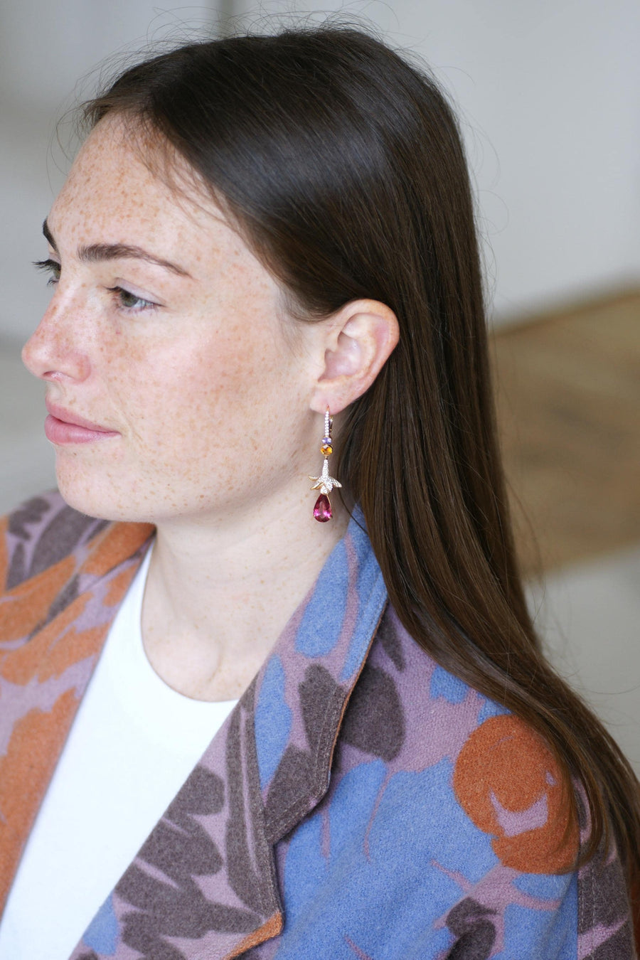 Lorenz Bäumer Longues Boucles d'Oreilles Rubellite, Saphir, Héliodore et Diamant sur Or Jaune