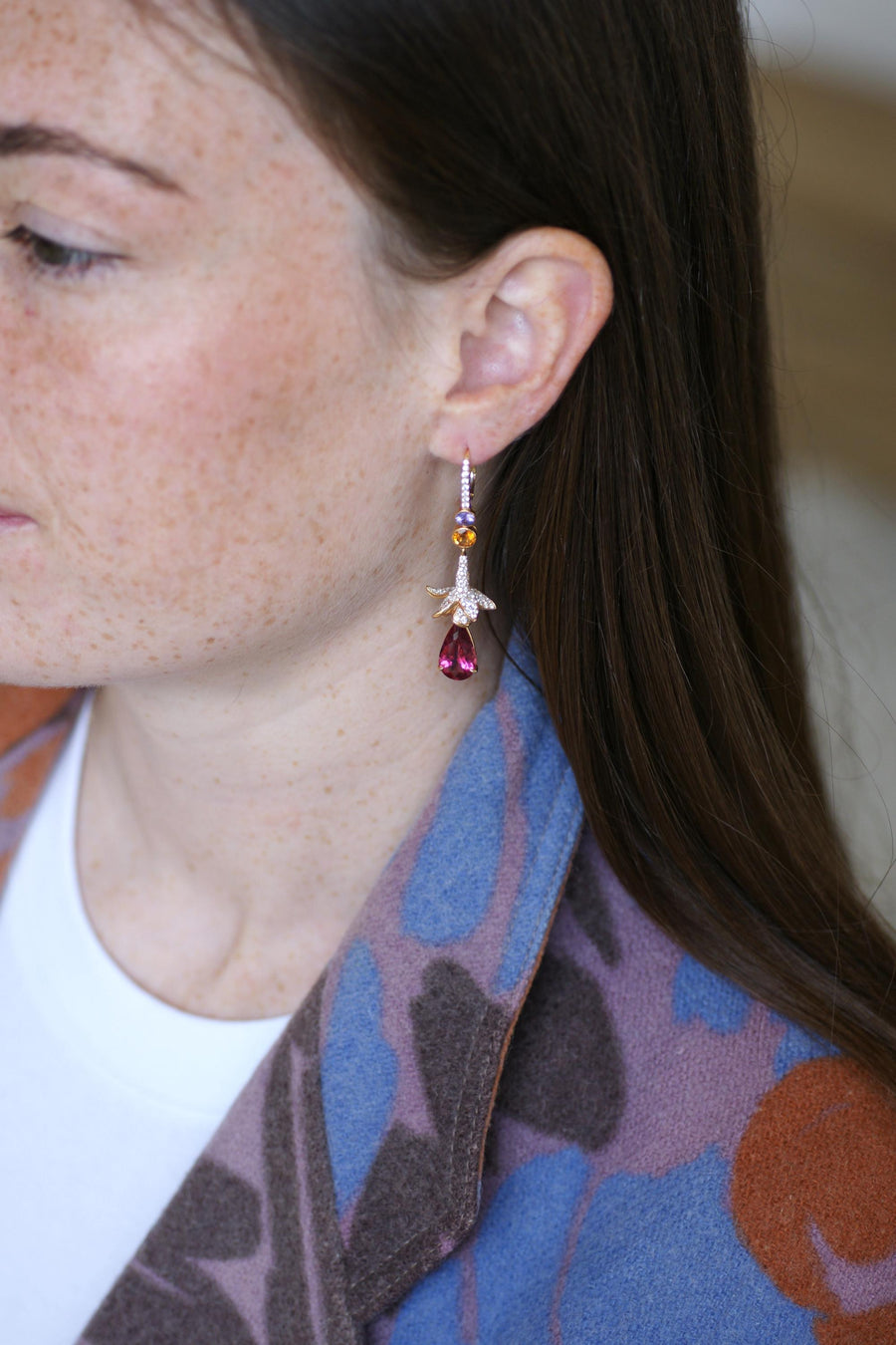 Lorenz Bäumer Longues Boucles d'Oreilles Rubellite, Saphir, Héliodore et Diamant sur Or Jaune