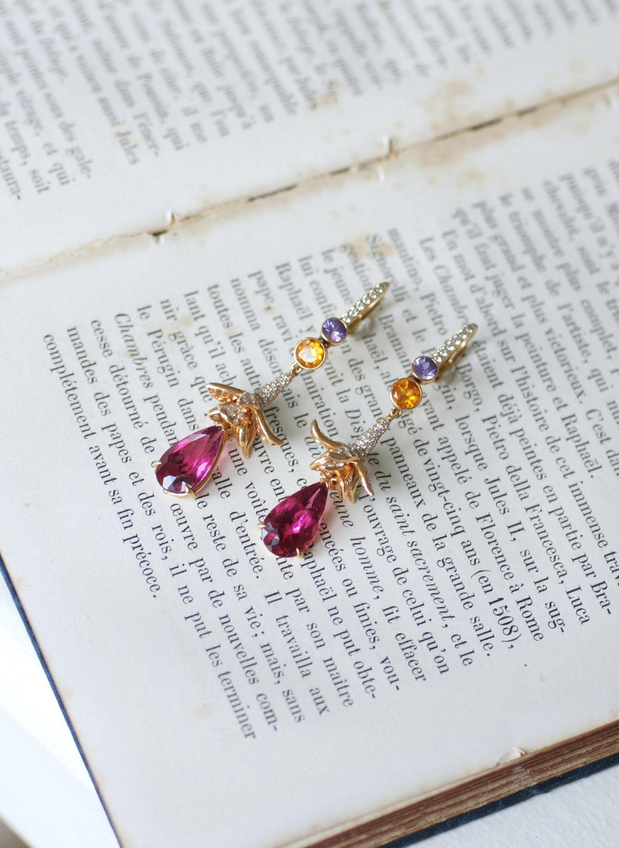Lorenz Bäumer Longues Boucles d'Oreilles Rubellite, Saphir, Héliodore et Diamant sur Or Jaune