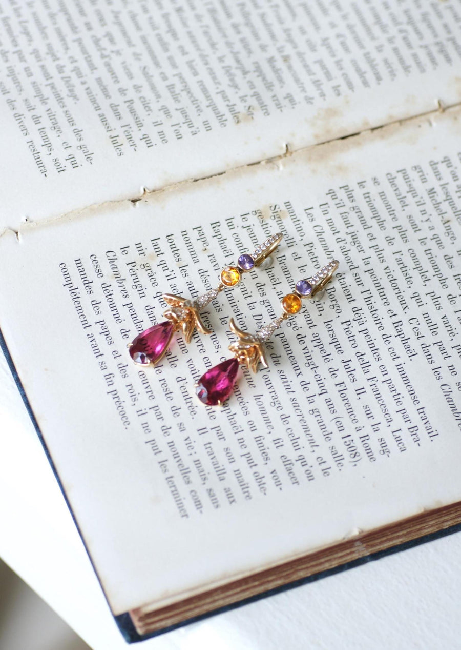 Lorenz Bäumer Longues Boucles d'Oreilles Rubellite, Saphir, Héliodore et Diamant sur Or Jaune