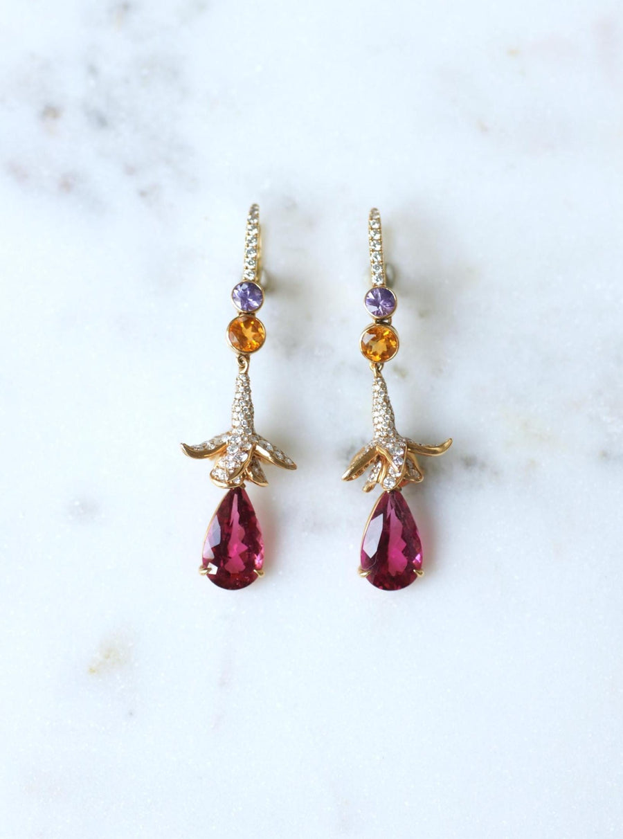 Lorenz Bäumer Longues Boucles d'Oreilles Rubellite, Saphir, Héliodore et Diamant sur Or Jaune