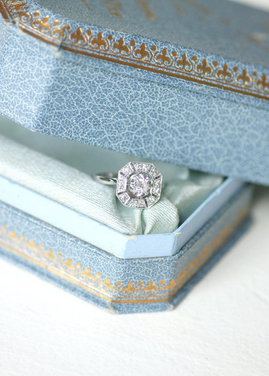 Bague Art Déco Octogonale Diamants 0,60 Ct sur Or Blanc et Platine