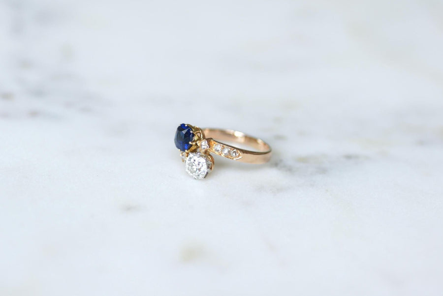 Bague Toi et Moi Saphir et Diamant sur Or Rose et Platine