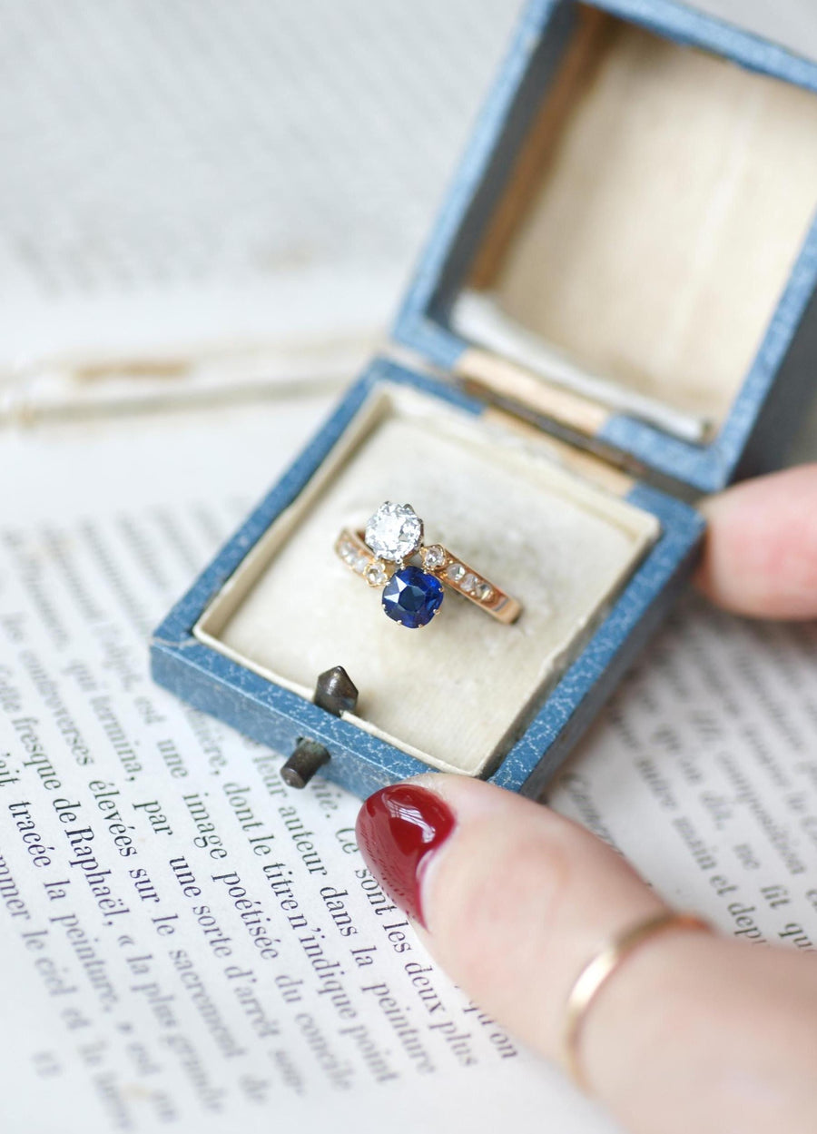 Bague Toi et Moi Saphir et Diamant sur Or Rose et Platine