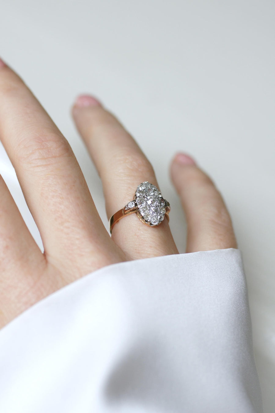 Bague Marquise Ancienne Diamants 1,30 Cts sur Or rose et Platine