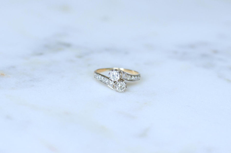 Bague Ancienne Toi et Moi Diamants sur Or Jaune et Platine