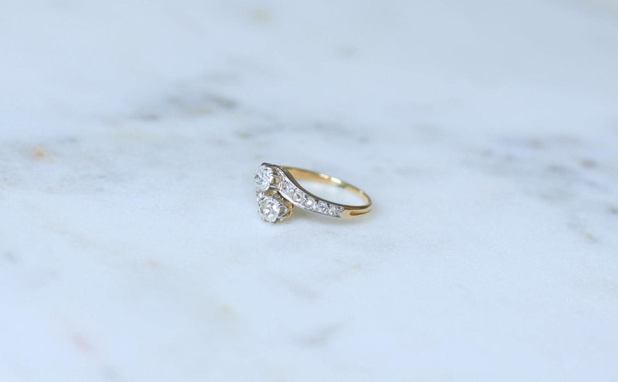 Bague Ancienne Toi et Moi Diamants sur Or Jaune et Platine
