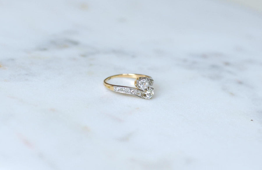 Bague Ancienne Toi et Moi Diamants sur Or Jaune et Platine
