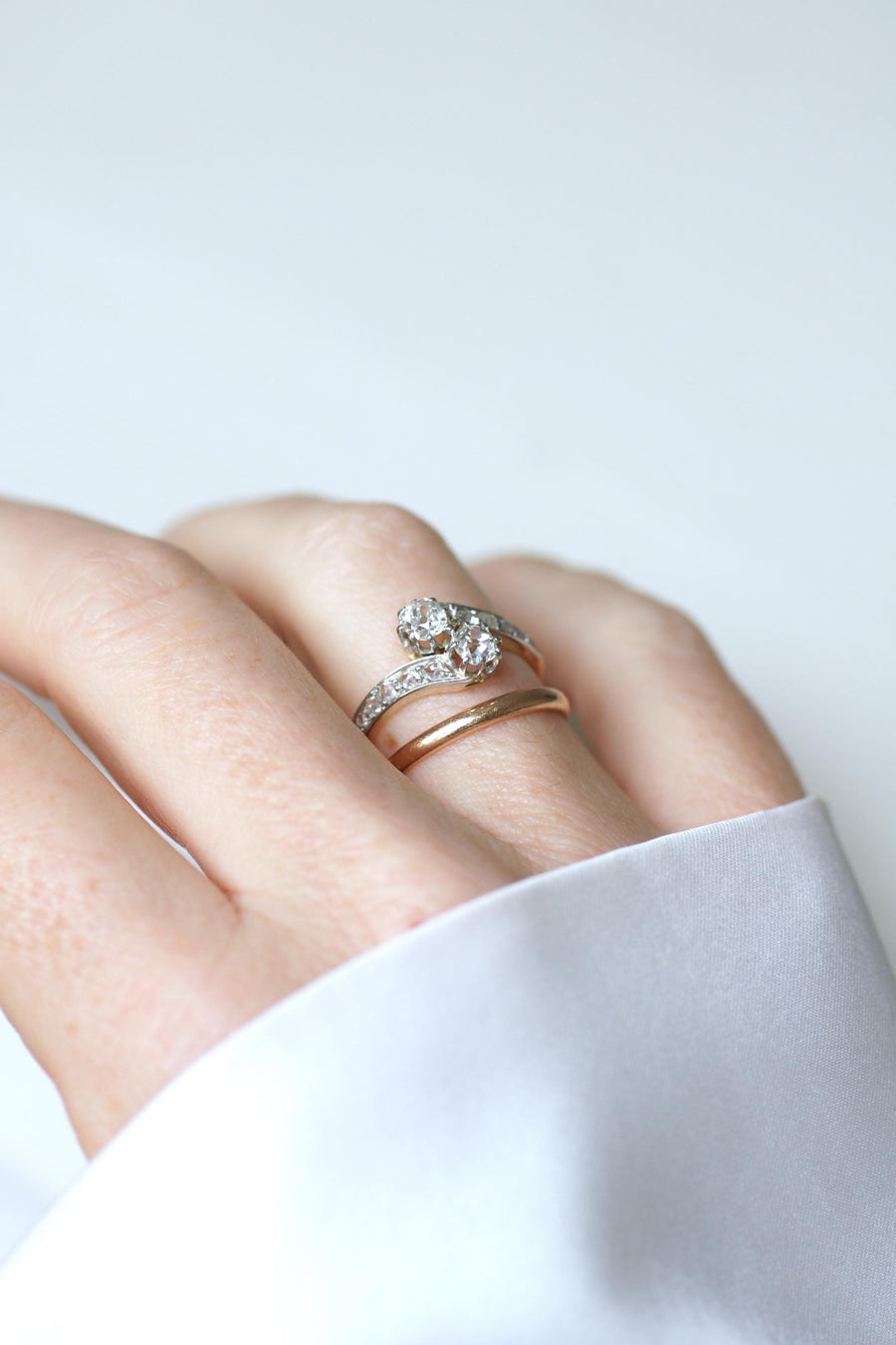 Bague Ancienne Toi et Moi Diamants sur Or Jaune et Platine