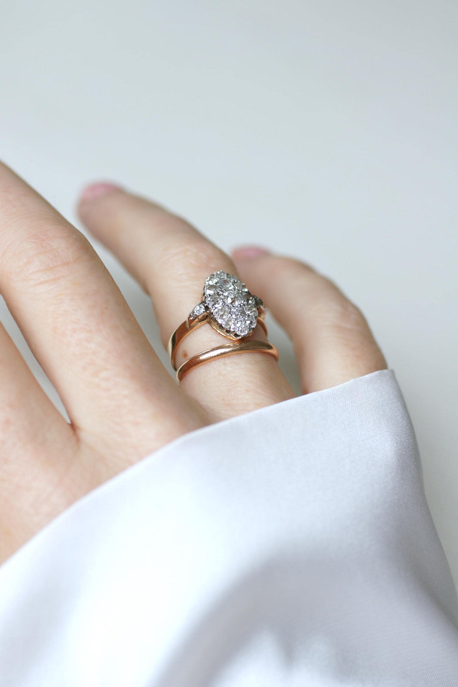 Bague Marquise Ancienne Diamants 1,30 Cts sur Or rose et Platine