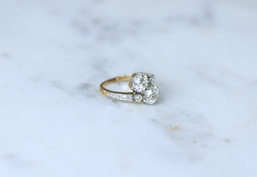 Bague Ancienne Toi et Moi Diamants 2,60 Cts sur Or Jaune et Platine