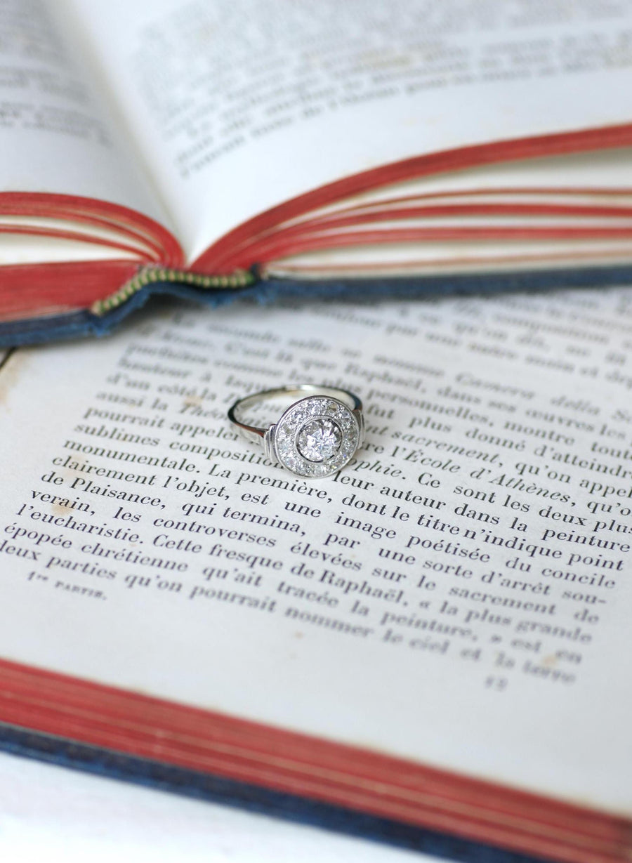 Bague Cible Art Déco Diamants 0,75 Ct sur Or blanc et Platine