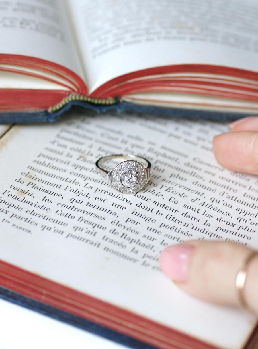 Bague Cible Art Déco Diamants 0,75 Ct sur Or blanc et Platine