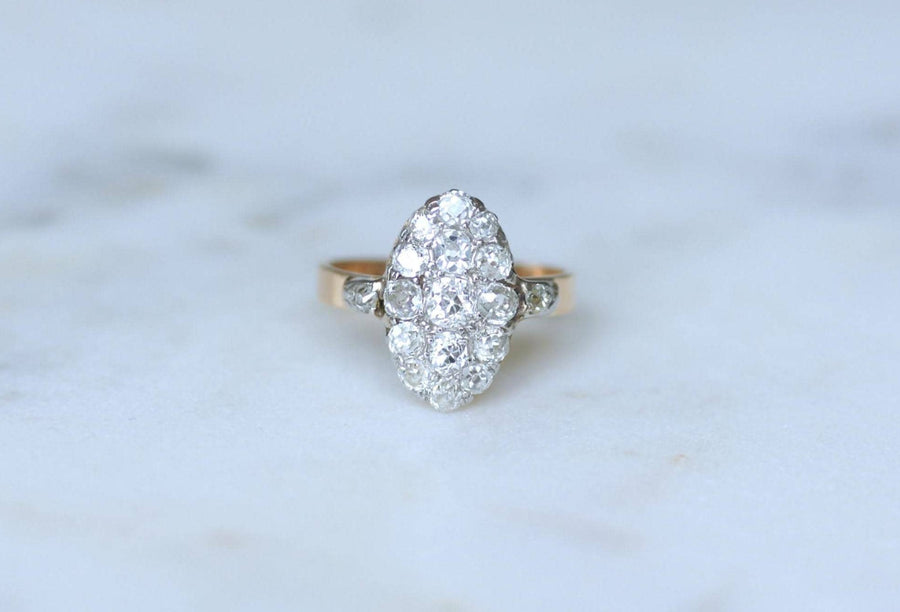 Bague Marquise Ancienne Diamants 1,30 Cts sur Or rose et Platine