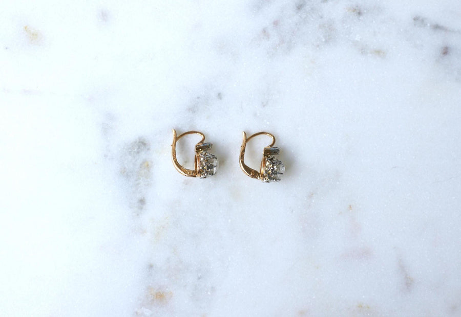 Boucles d'Oreilles Dormeuses Anciennes Diamants Rose Couronnée sur Or Rose et Platine