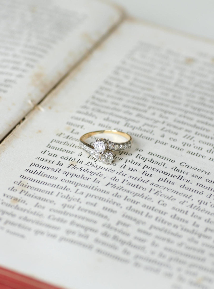 Bague Ancienne Toi et Moi Diamants sur Or Jaune et Platine