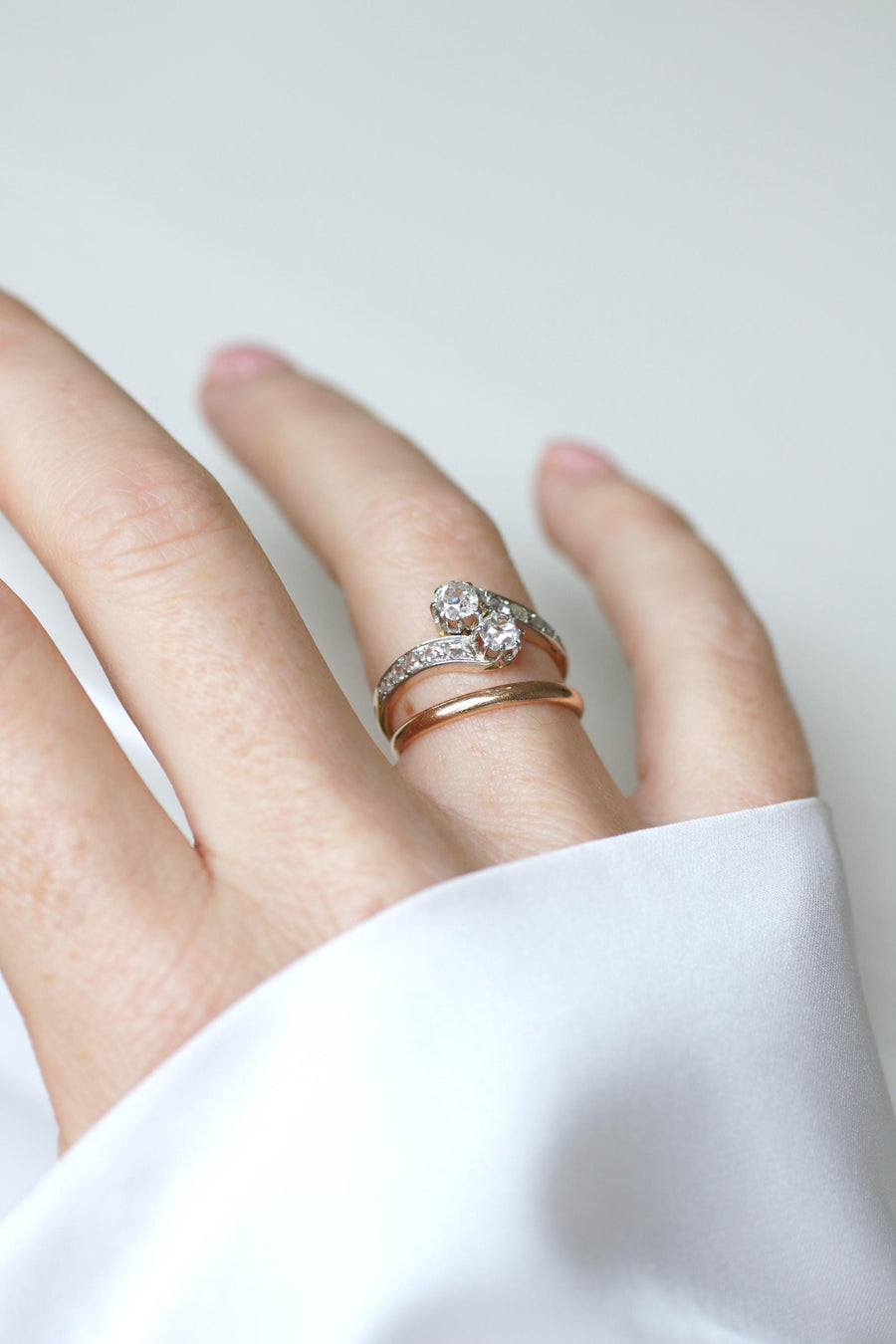 Bague Ancienne Toi et Moi Diamants sur Or Jaune et Platine