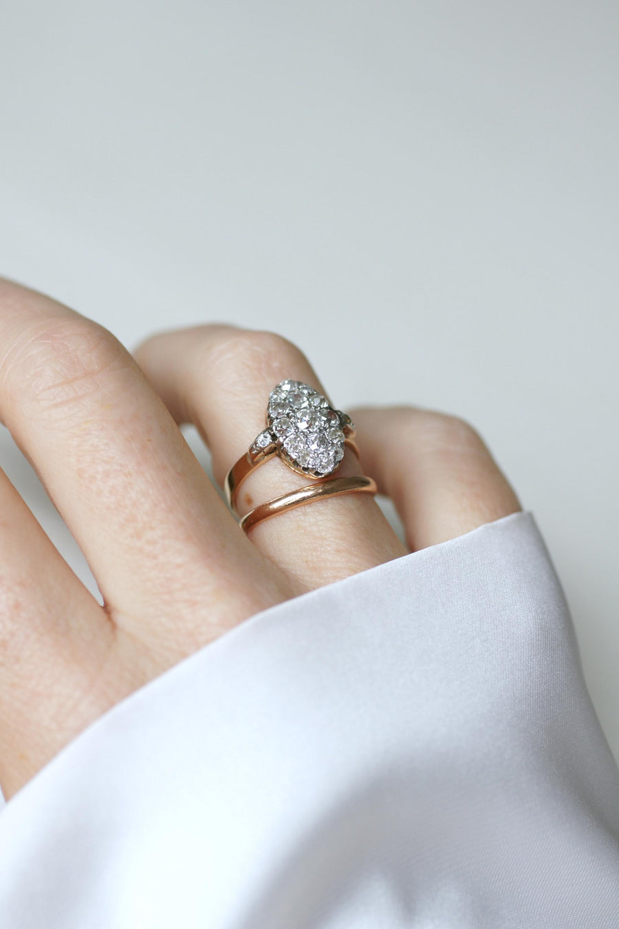 Bague Marquise Ancienne Diamants 1,30 Cts sur Or rose et Platine