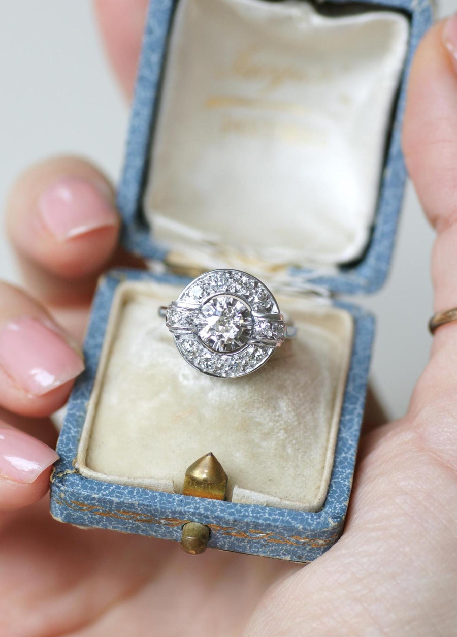 Bague Cible Art Déco Diamants 1,05 Cts sur Or blanc et Platine