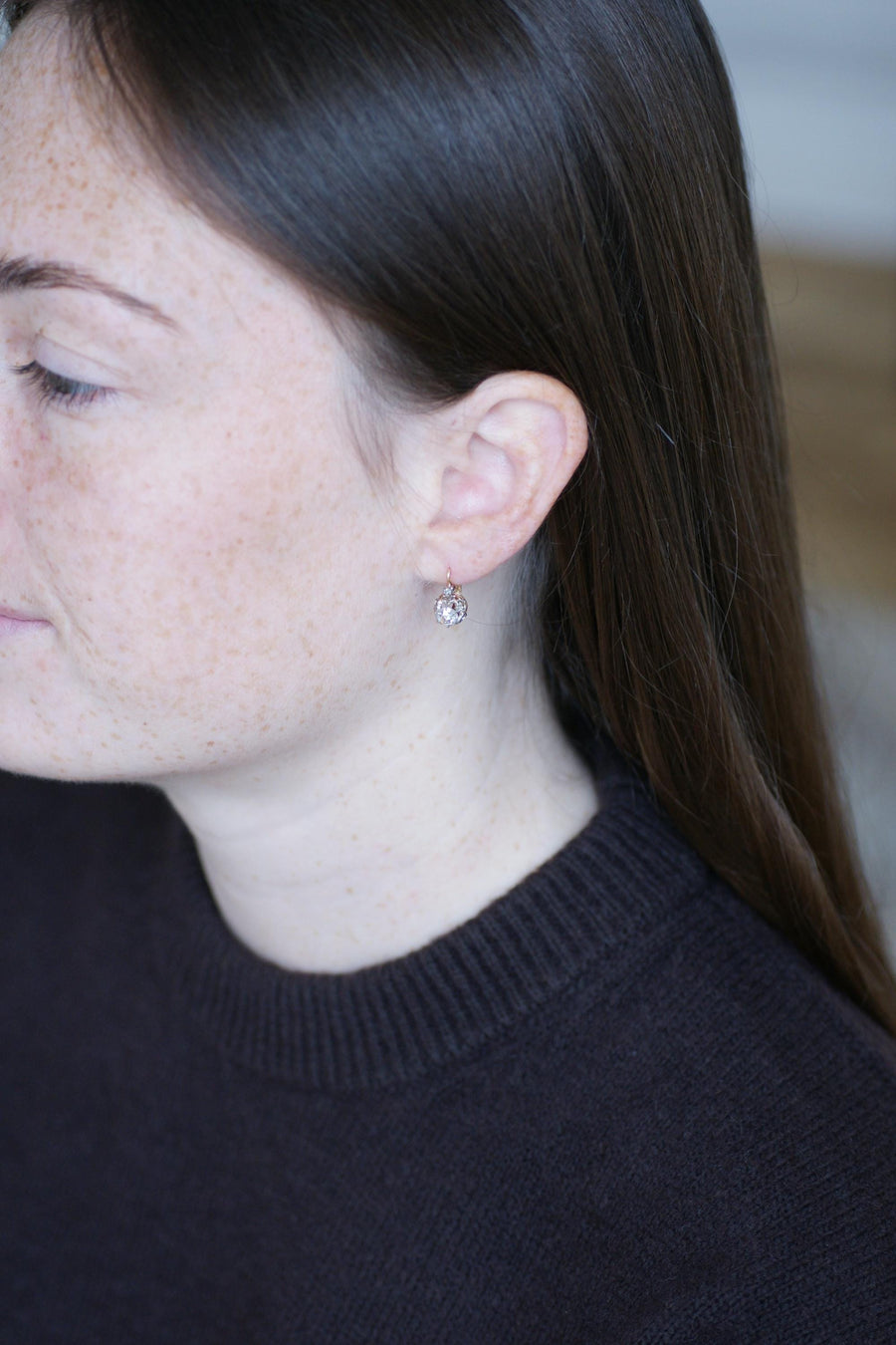 Boucles d'Oreilles Dormeuses Anciennes Diamants Rose Couronnée sur Or Rose et Platine