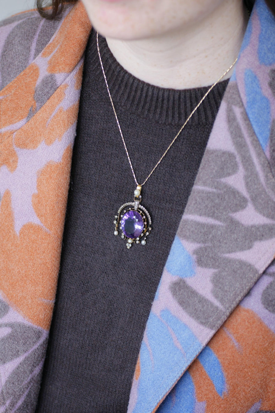 Pendentif Ancien Améthyste Diamants et Perles fines sur Or Rose et Argent