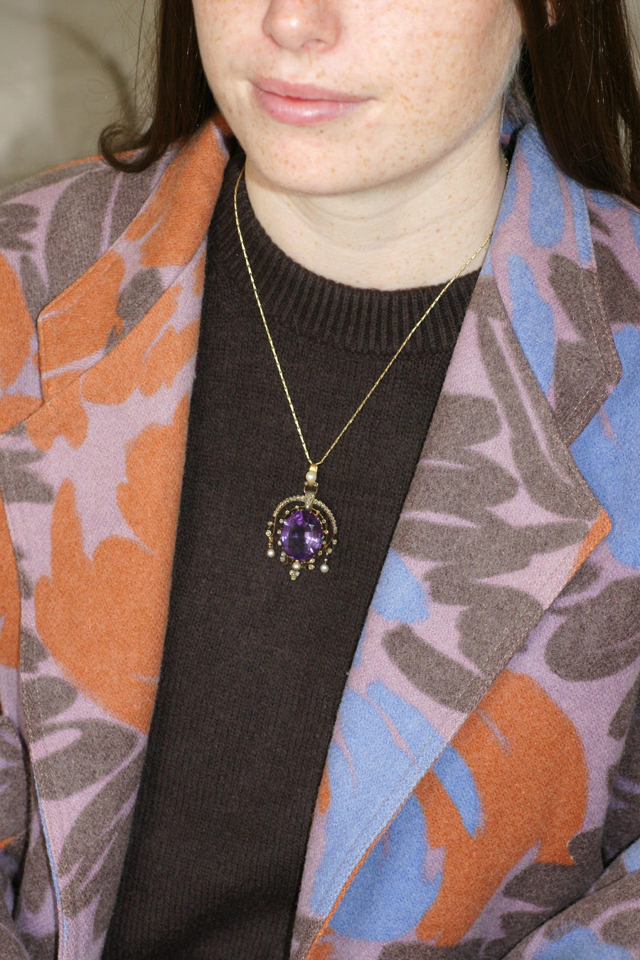 Pendentif Ancien Améthyste Diamants et Perles fines sur Or Rose et Argent