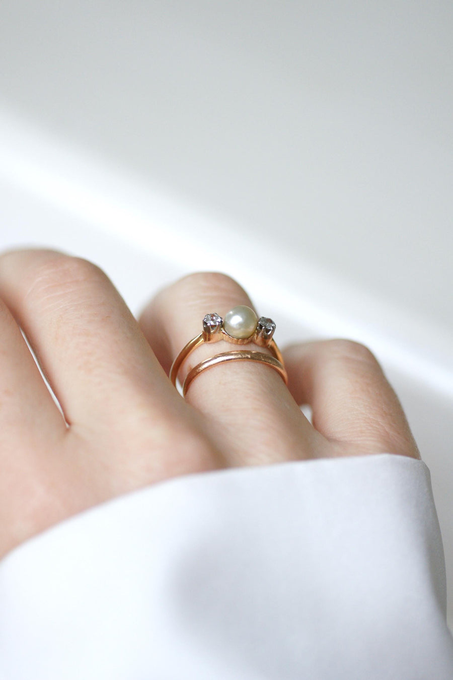 Bague Ancienne Perle Fine et Diamants sur Or et Platine