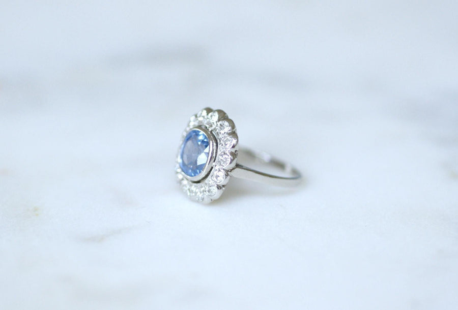 Bague Pompadour Art Déco Saphir de Ceylan 2,80 Cts et Diamants sur Platine