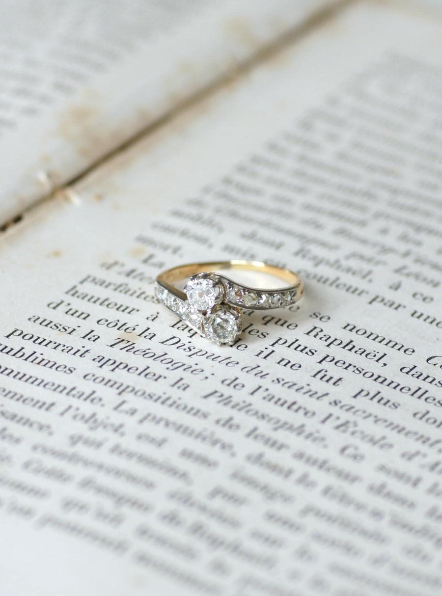 Bague Ancienne Toi et Moi Diamants sur Or Jaune et Platine