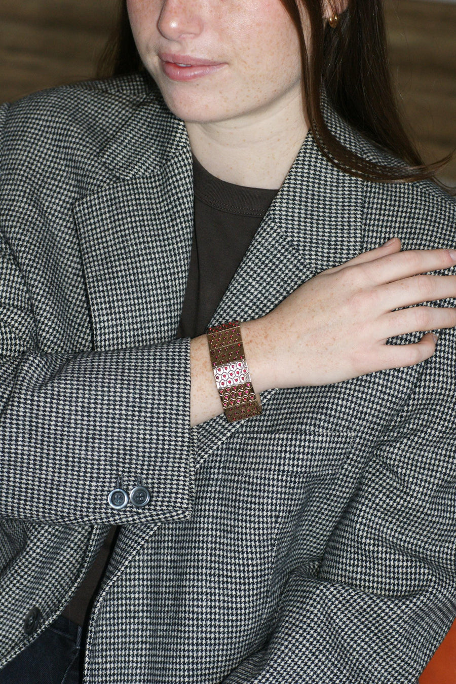 Bracelet Ruban Art Déco Rubis sur Or Rose et Argent