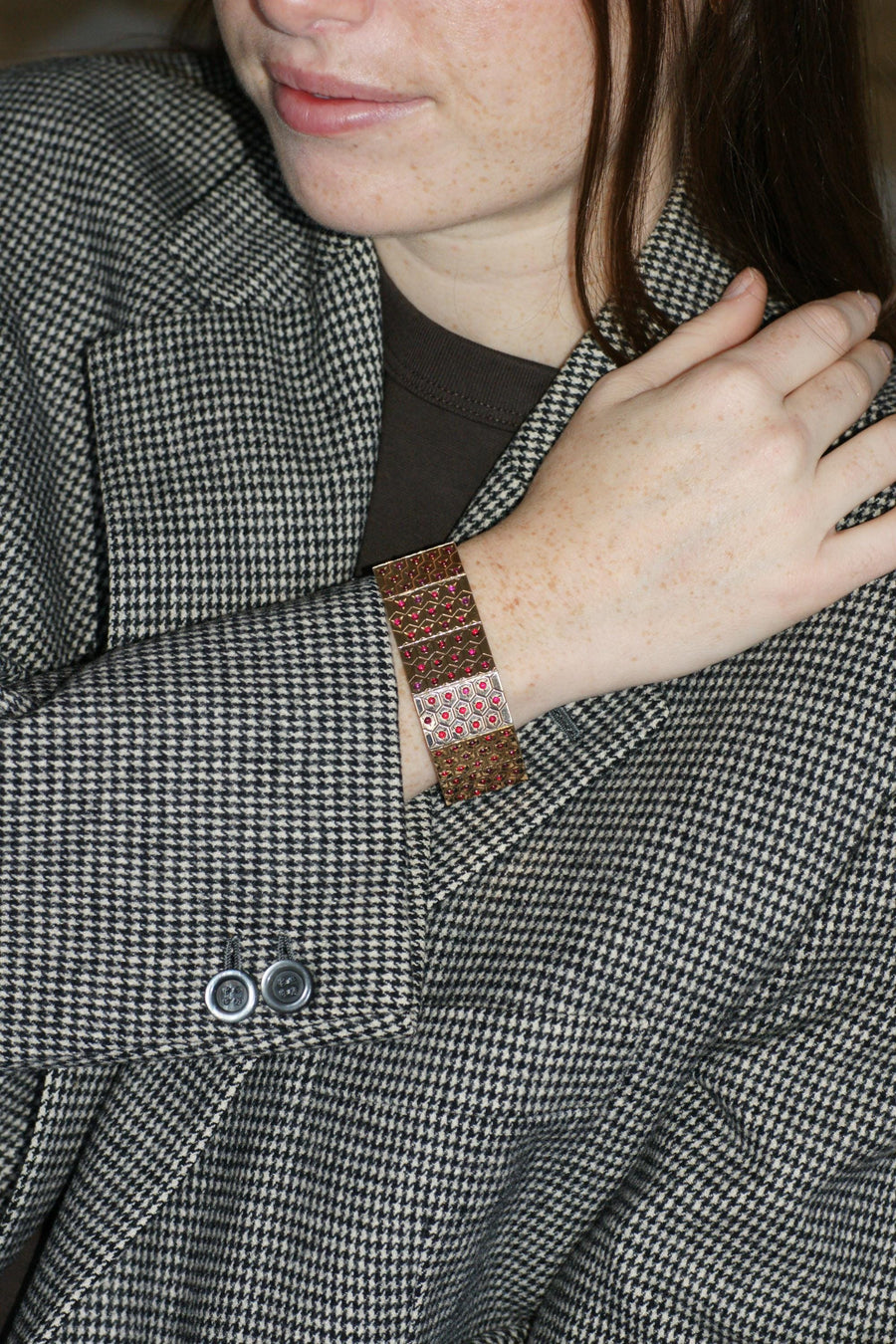 Bracelet Ruban Art Déco Rubis sur Or Rose et Argent