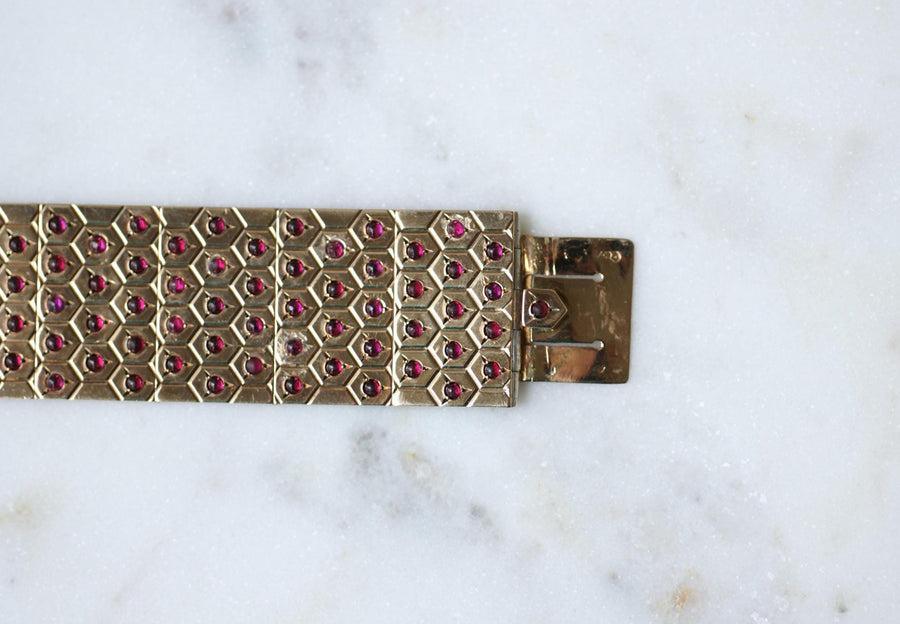 Bracelet Ruban Art Déco Rubis sur Or Rose et Argent