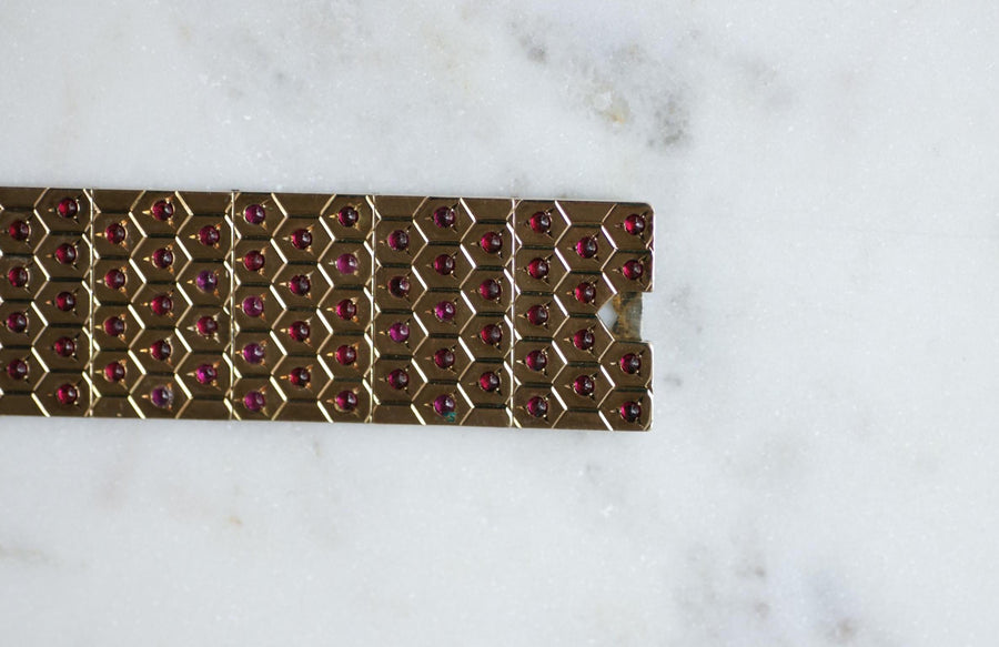 Bracelet Ruban Art Déco Rubis sur Or Rose et Argent