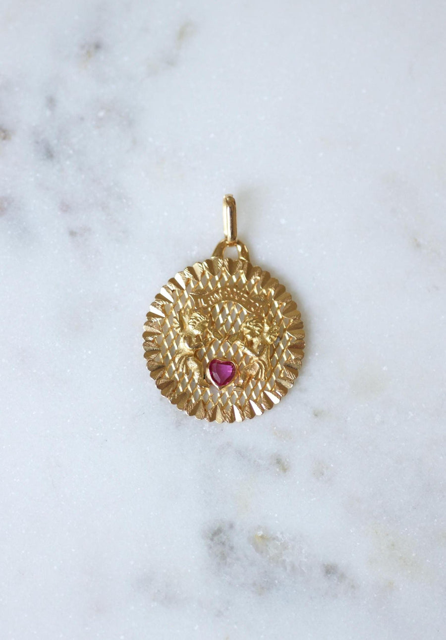 Pendentif Médaille d'Amour Or Jaune Anges Coeur Rubis "Il Bat Pour Toi"