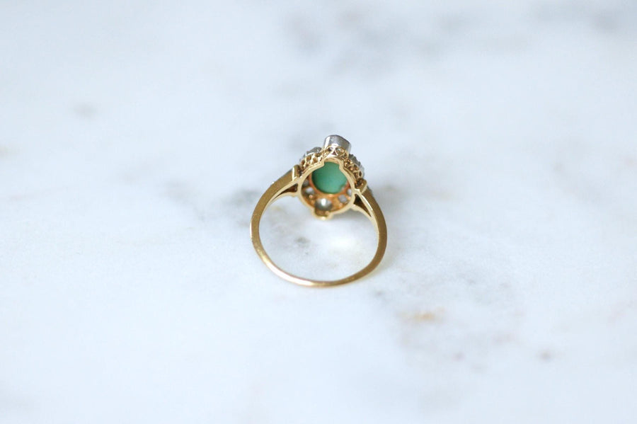Bague Belle Epoque Turquoise Entourage Diamants 0.75 Ct sur Or Jaune et Platine