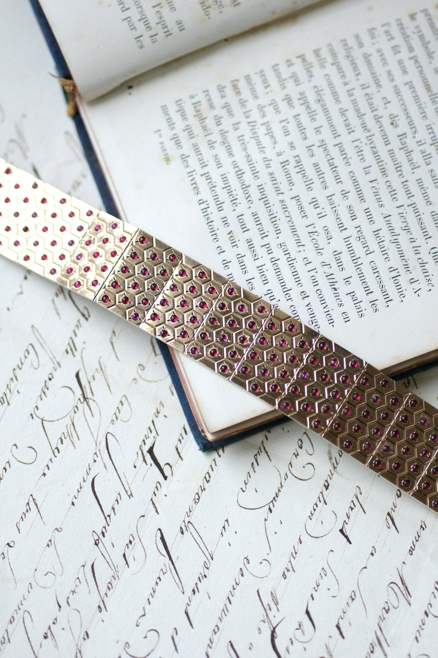 Bracelet Ruban Art Déco Rubis sur Or Rose et Argent