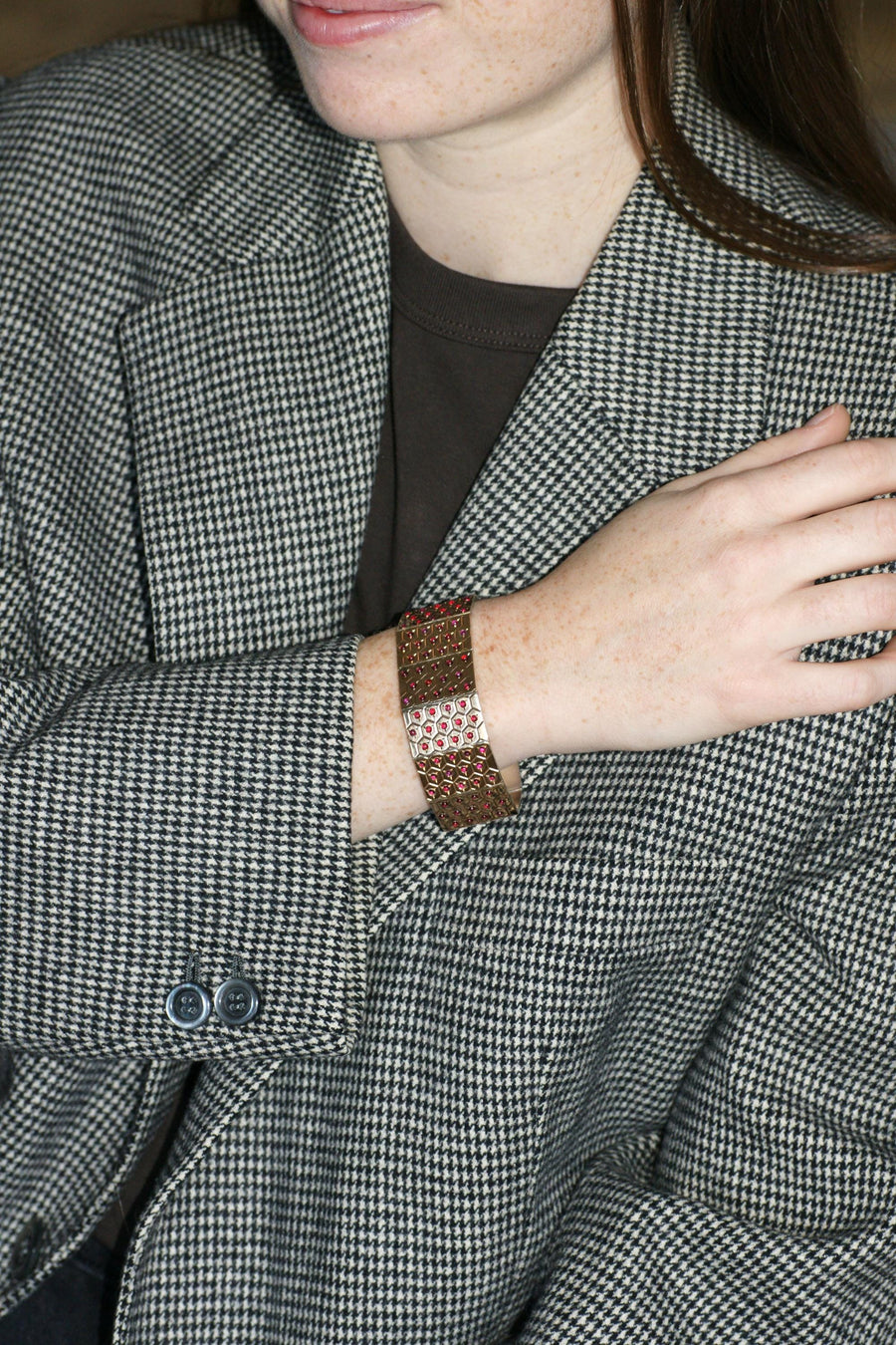 Bracelet Ruban Art Déco Rubis sur Or Rose et Argent