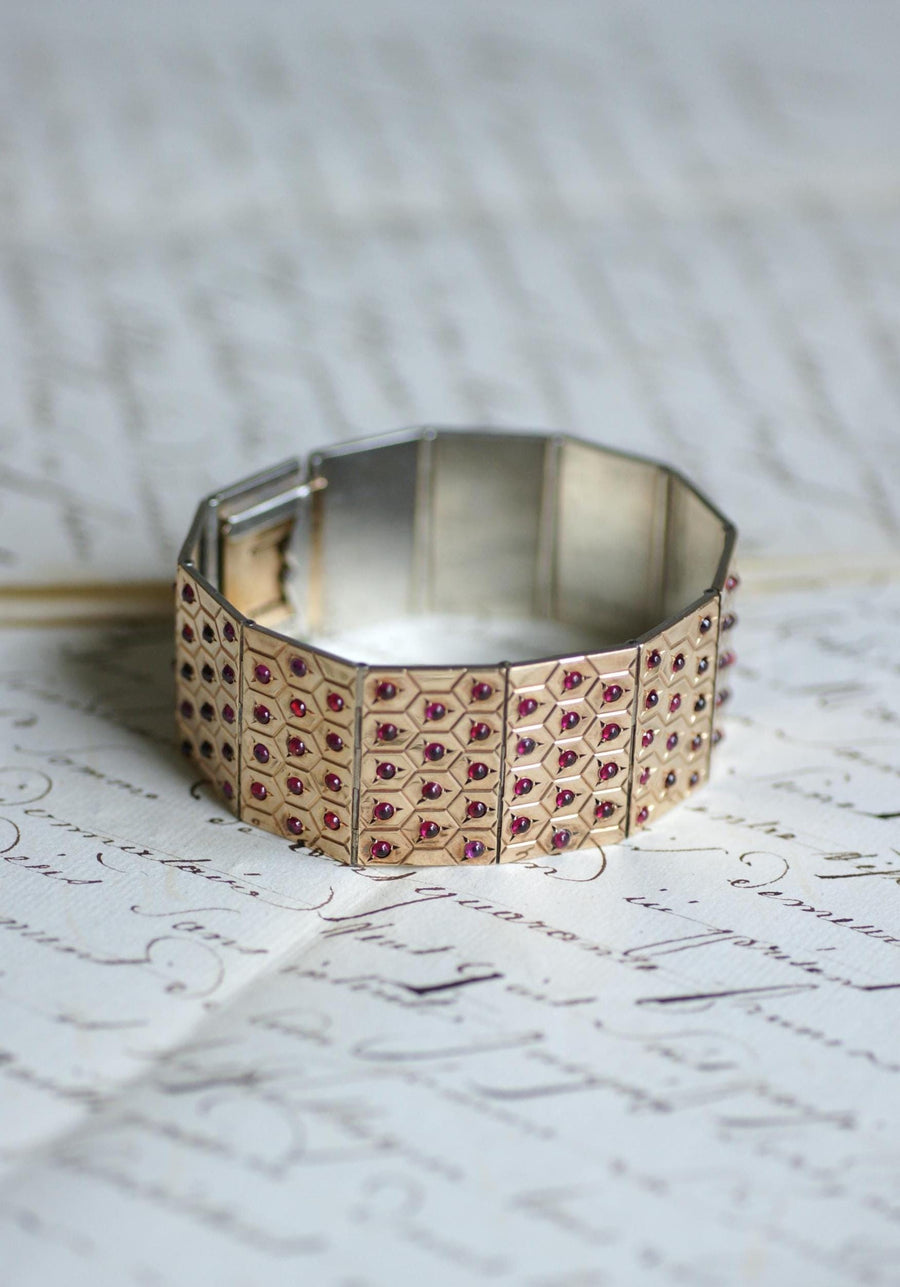 Bracelet Ruban Art Déco Rubis sur Or Rose et Argent