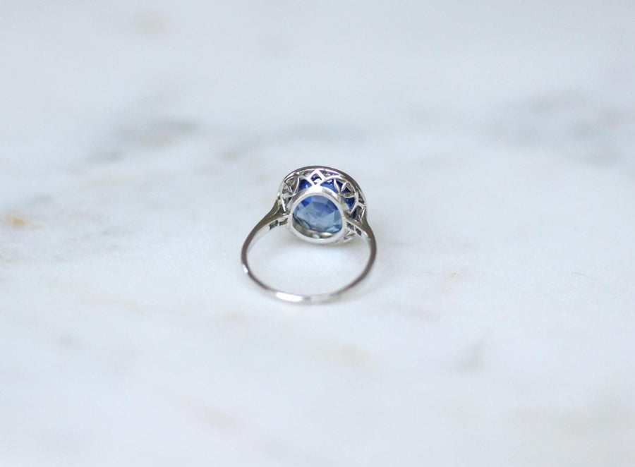 Bague Pompadour Art Déco Saphir de Ceylan Non Chauffé 4,30 Cts et Diamants sur Platine
