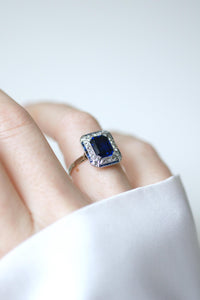 Bague Argent 925 Style Art Déco - Sertie De CZ Et Saphirs Synthétiques Bleus, Taille 54, France