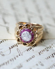 Bague Boule à Gaudrons Rubis et Diamant sur Or Rose et Platine